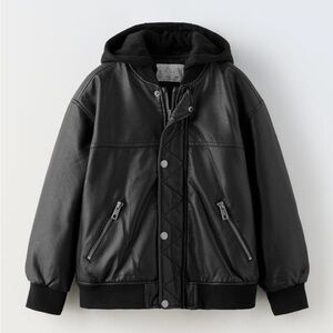 ZARA Removable Hood Faux Leather Jacket - Black